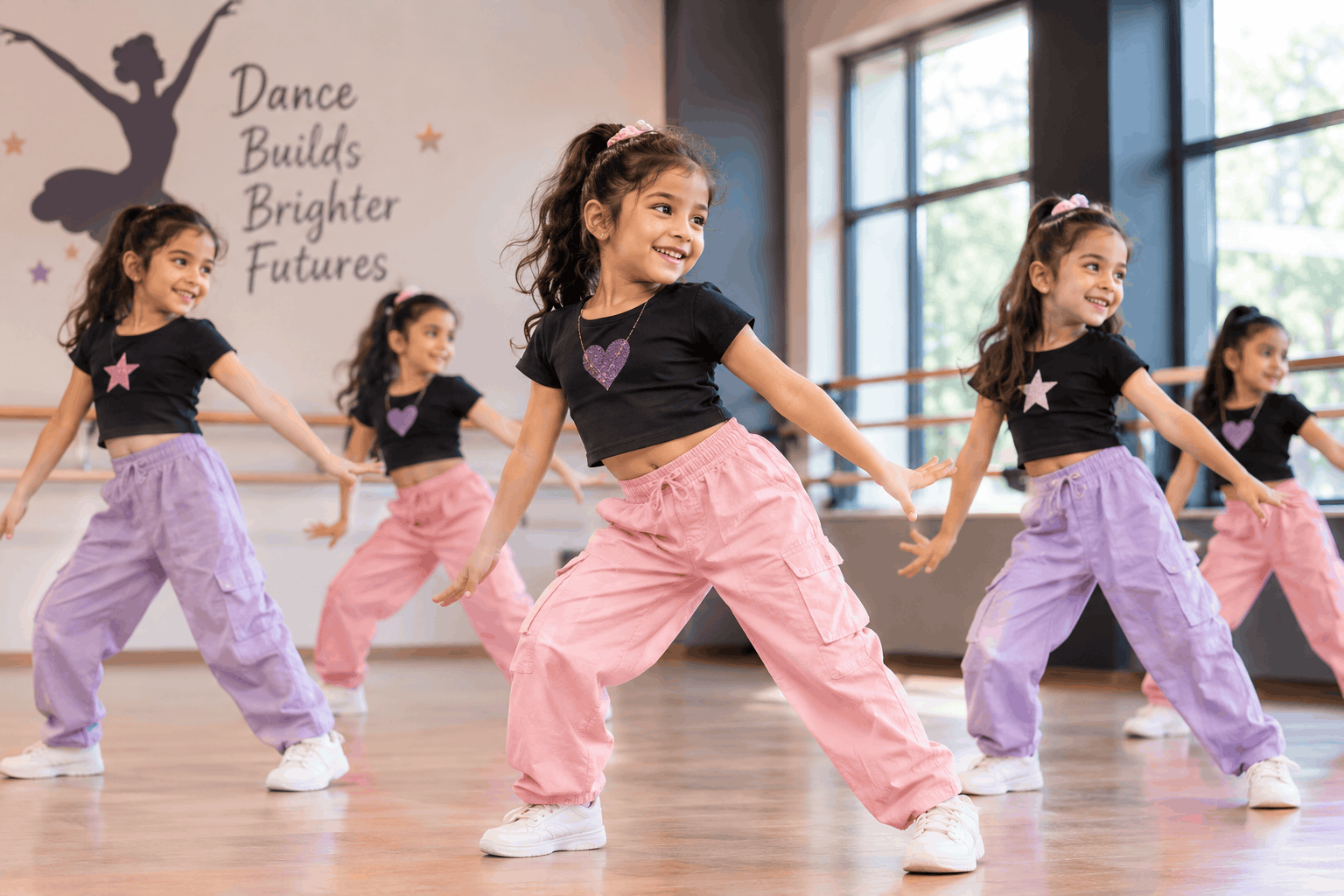 Young ballet students sitting together on a wooden studio floor